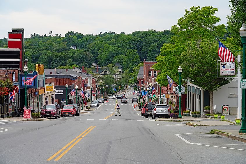 Bustling downtown street in Ellsworth, Maine.