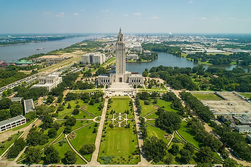 The skyline and river frontage of Baton Rouge, Louisiana.