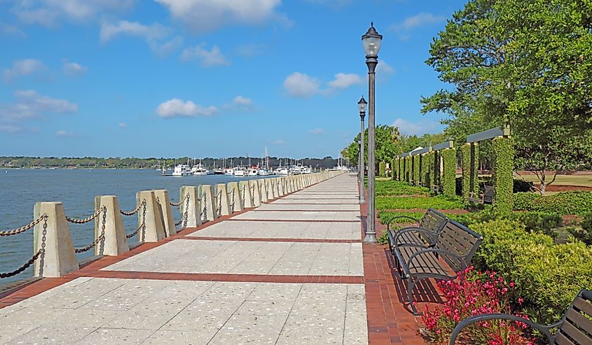 Promenade of the Henry C. Chambers Waterfront Park located south of Bay Street in the Historic District of downtown Beaufort, South Carolina