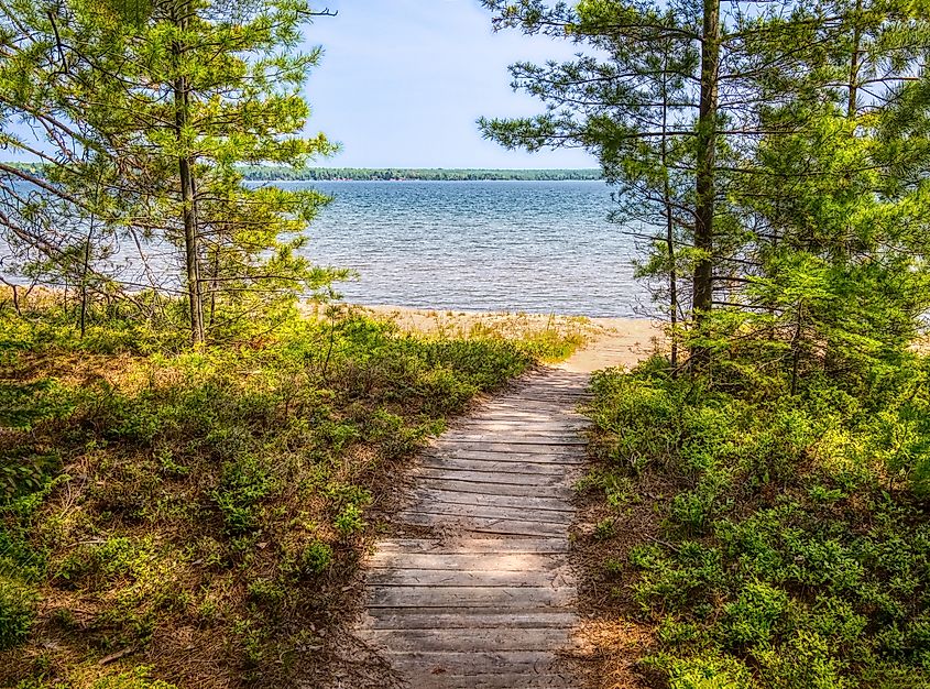 Boardwalk to the beach in Big Bay State Park on Lake Superior, Apostle Islands.