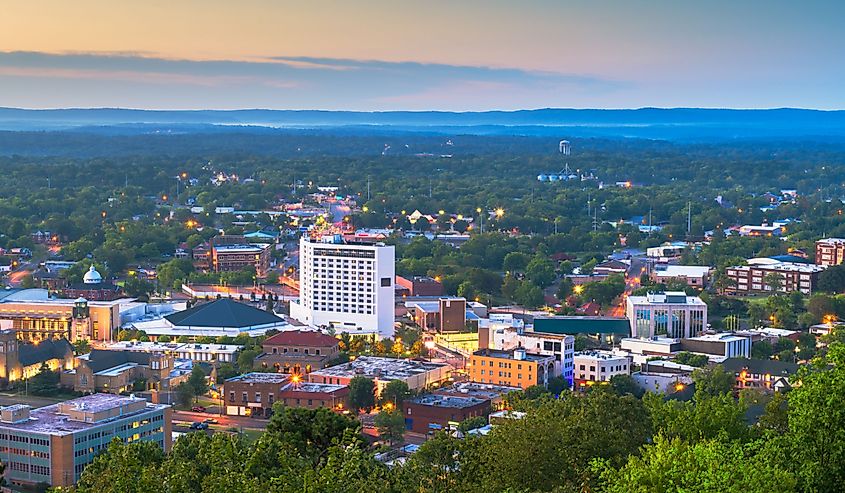 Hot Springs, Arkansas, USA town skyline from above at dawn.