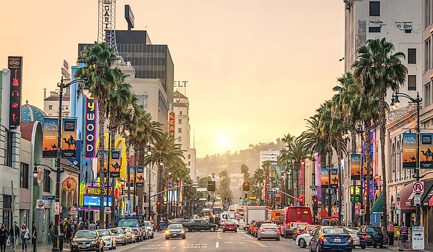 View of Hollywood Boulevard at sunset.