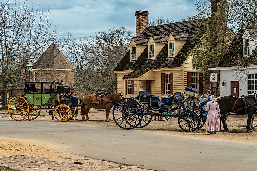 Horse drawn carriage tours in British Colony in Williamsburg, Virginia, USA. 