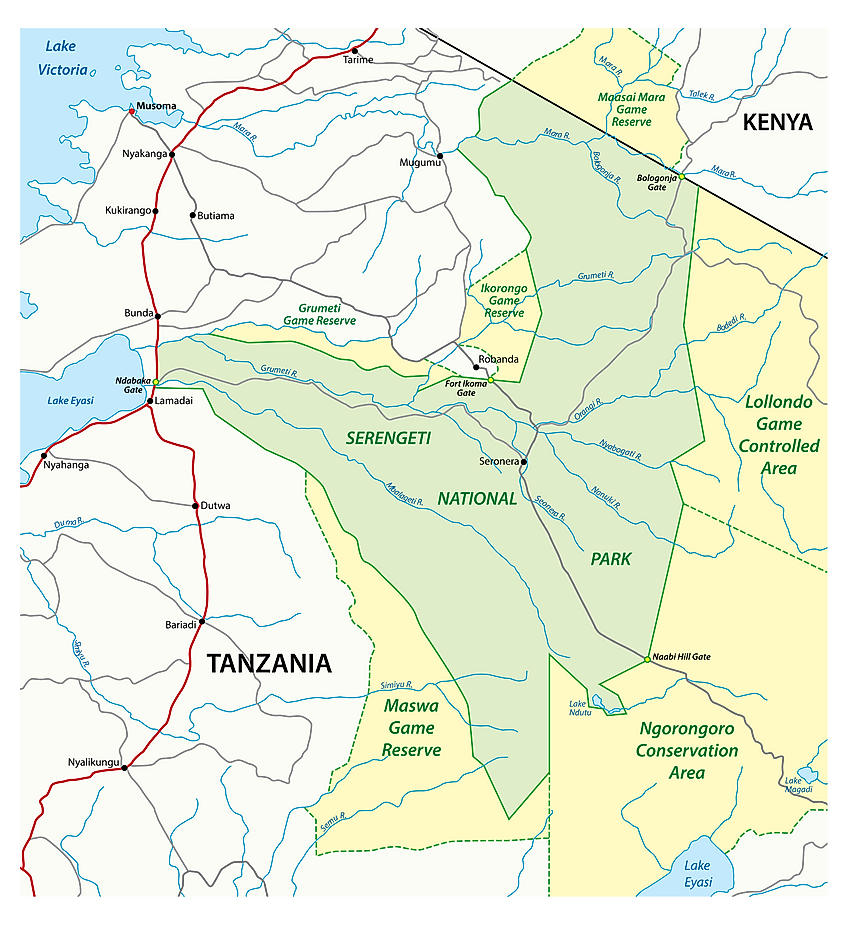 Map showing the Serengeti National Park.