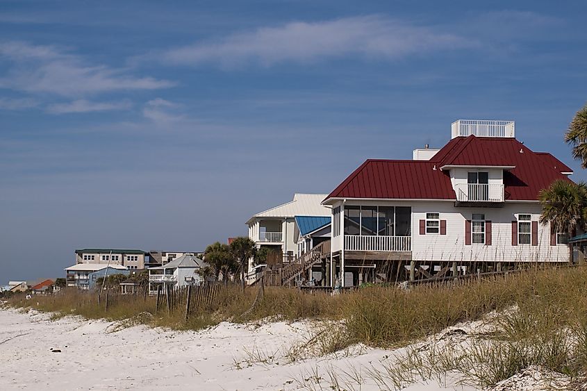 Beach houses at Mexico Beach, Florida, on a sunny day.