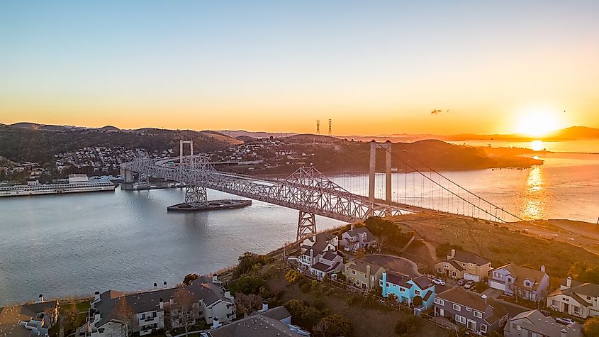Sunset over the Alfred Zampa Memorial Bridge between Crockett and Vallejo, California