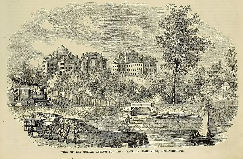 Print of the McLean Asylum in 1853, in Somerville, Massachusetts