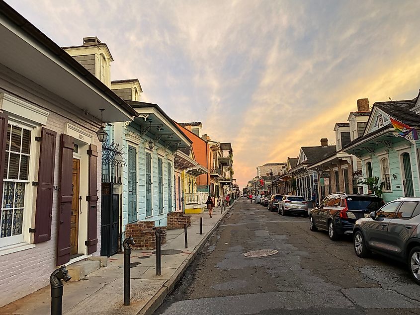 The hues of sunset compliment the colorful historic buildings in New Orleans' French Quarter. 