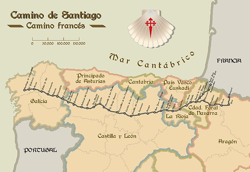 Old style map of Saint James way french route.