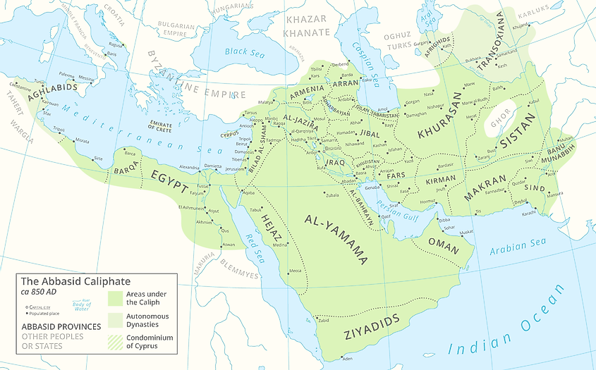 A map of the Abbasid Caliphate around 850 AD featuring provinces and settlements.