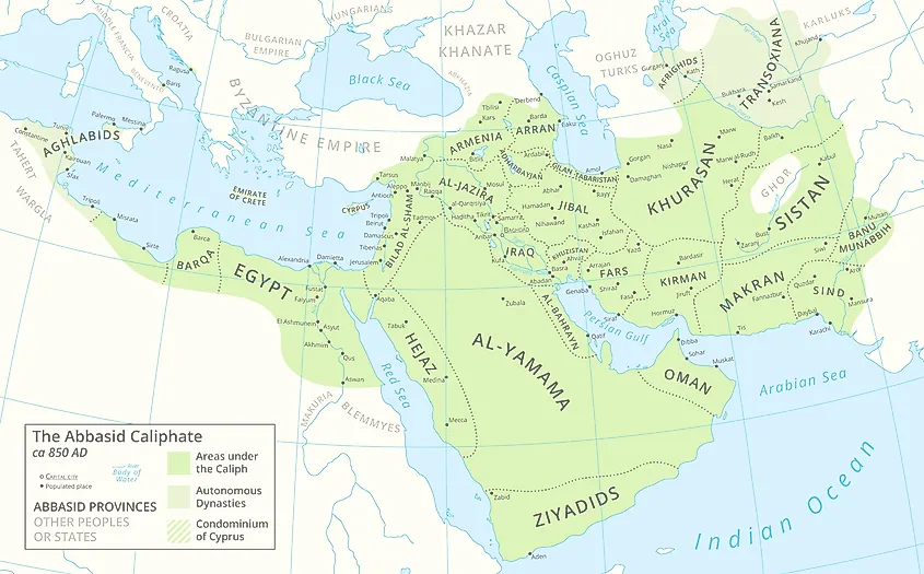 A map of the Abbasid Caliphate around 850 AD featuring provinces and settlements.