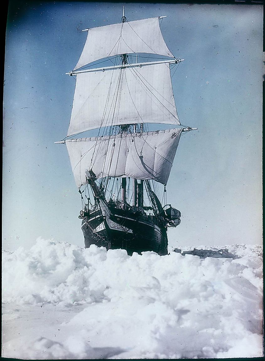 Endurance under steam and sail trying to break through pack ice in the Weddell Sea on the Imperial Trans-Antarctic Expedition, 1915, by Frank Hurley.