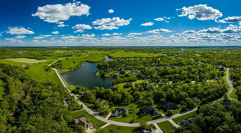 Aerial view of a residential neighborhood near a lake in Georgetown, Kentucky.