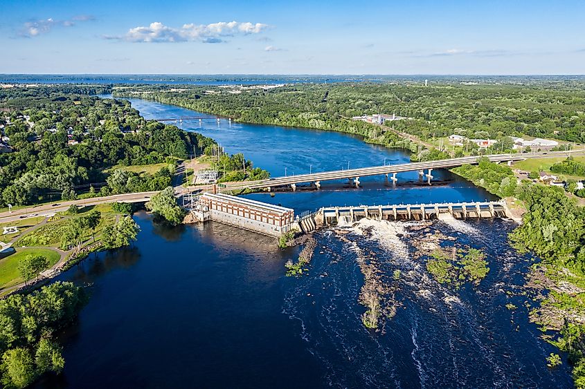 Aerial photograph of the Chippewa River Damn with Lake Wissota in the distance in Chippewa Falls Wisconsin