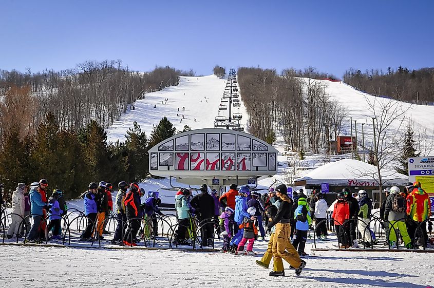 Tourists and visitors in the Blue Mountain village in Collingwood, Ontario, Canada. 