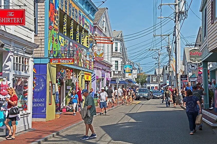 Commercial Street in Provincetown, Massachusetts, on a bright summer day. 