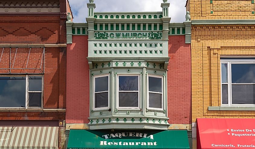 Downtown building and storefront in Belvidere, Illinois, USA.
