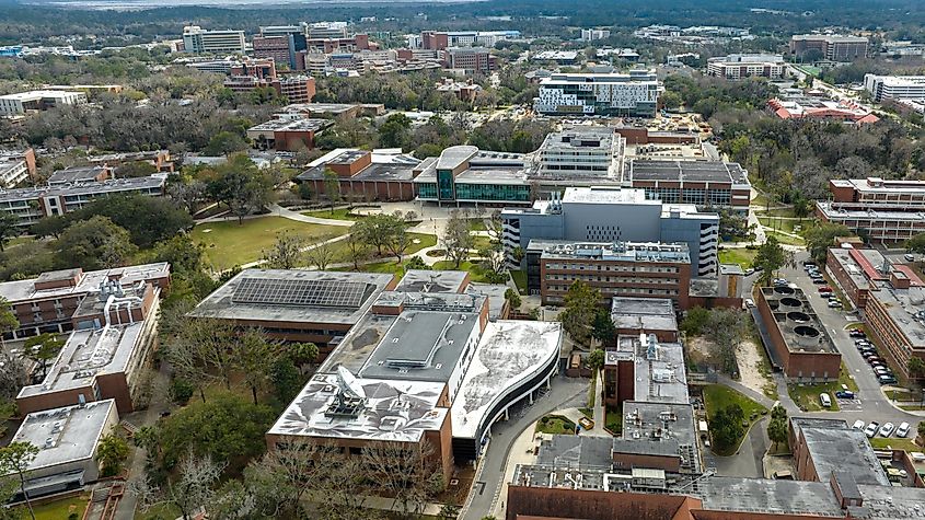 Gainesville, Florida, USA - January 28th 2023: Aerial view of Gainesville and the University of Florida.