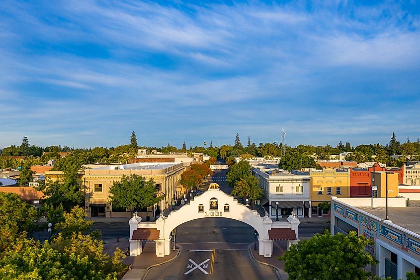 Aerial photos of downtown Lodi, California during sunrise.