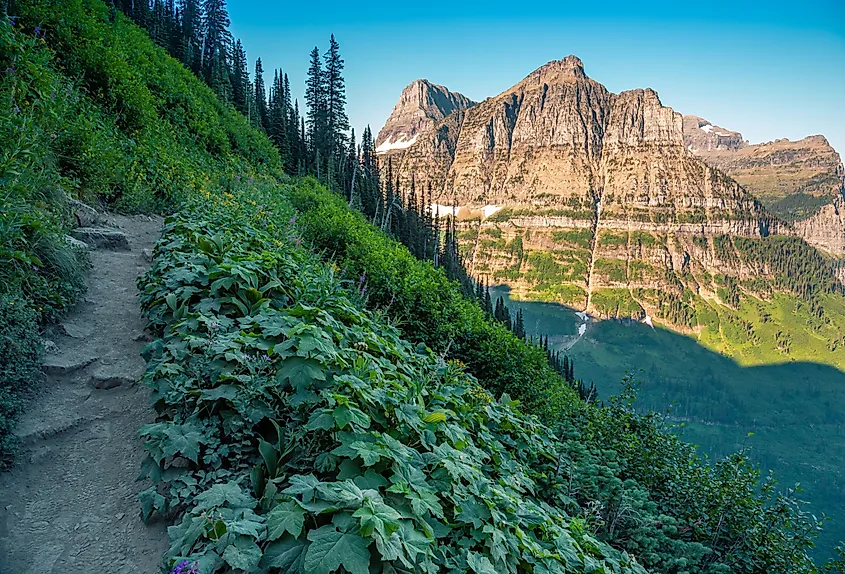 The Highline Trail cut into the cliffs of the Garden Wall above Glacier Valley, Montana.