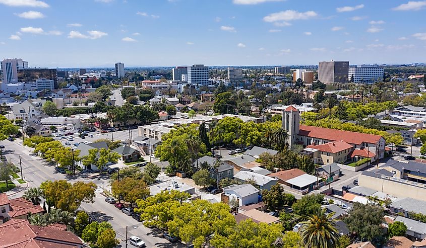 Aerial view of the urban core of downtown Santa Ana, California.