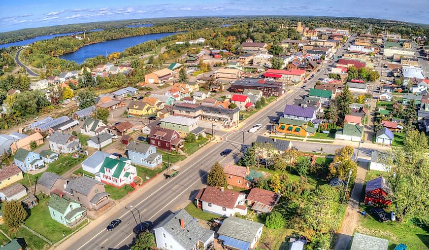 Aerial view of downtown street view of Ely, Minnesota.