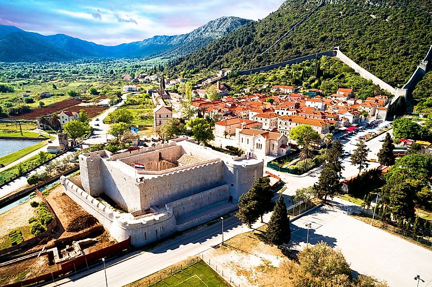 Historic town of Ston stone walls and landmarks