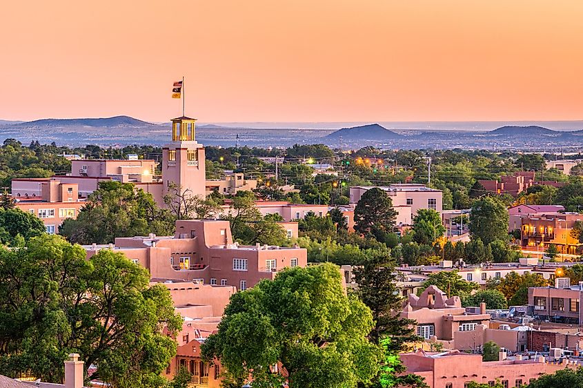 Santa Fe, New Mexico, USA downtown skyline at dusk.