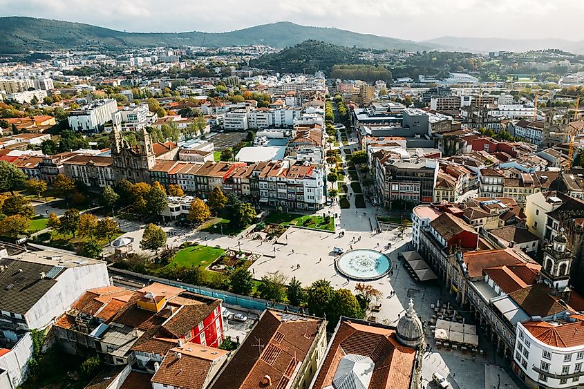 Aerial drone view of historic city of Braga in northern Portugal on a sunny day. (Credit: Alexandre Rotenberg via Shutterstock)