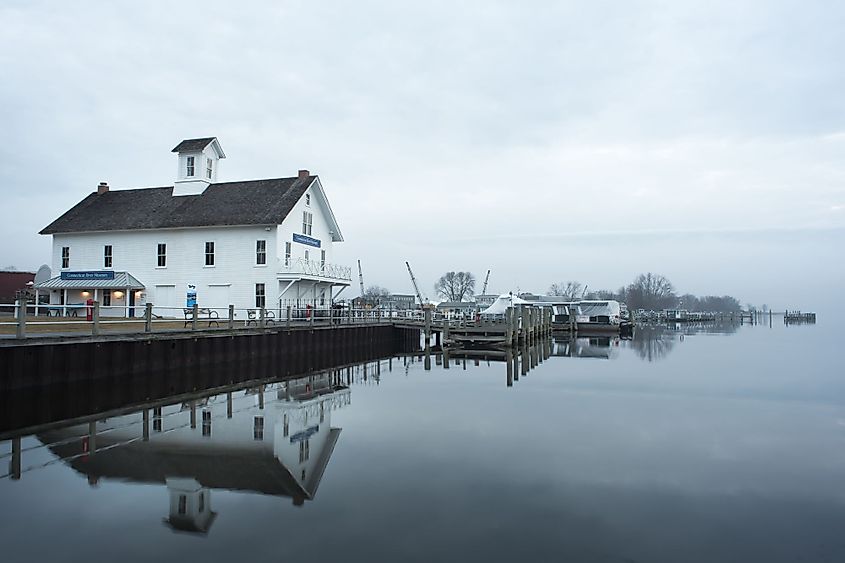 Connecticut River Museum on a cold and misty winter morning in Essex, Connecticut