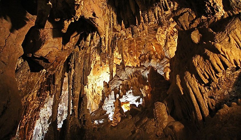 Rock formations inside the cave at Colossal Cave Mountain Park in Vail, Arizona, USA, near Tucson in the Sonoran Desert.