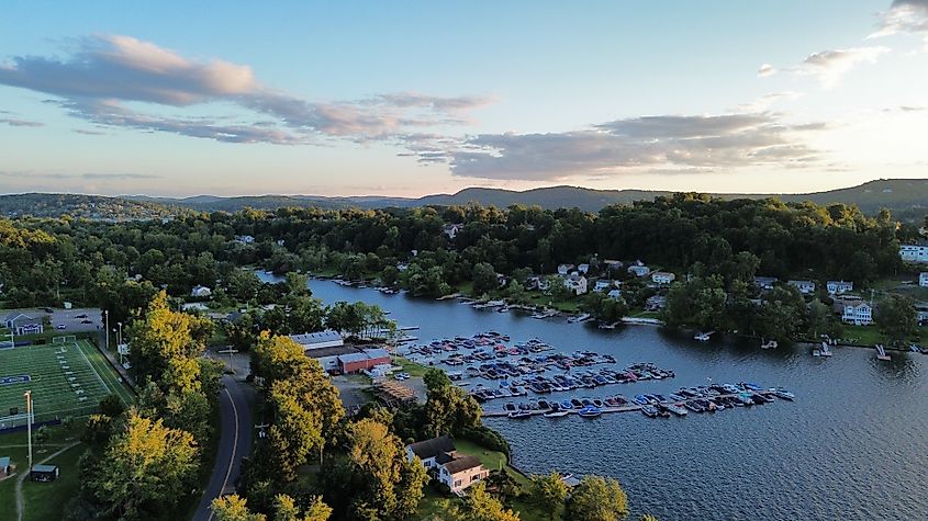 Aerial of Candlewood Lake on a summer evening.