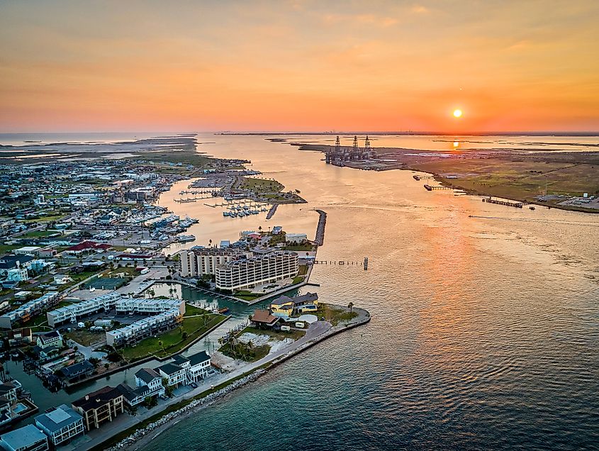 Aerial view of sunset over Port Aransas, Texas.