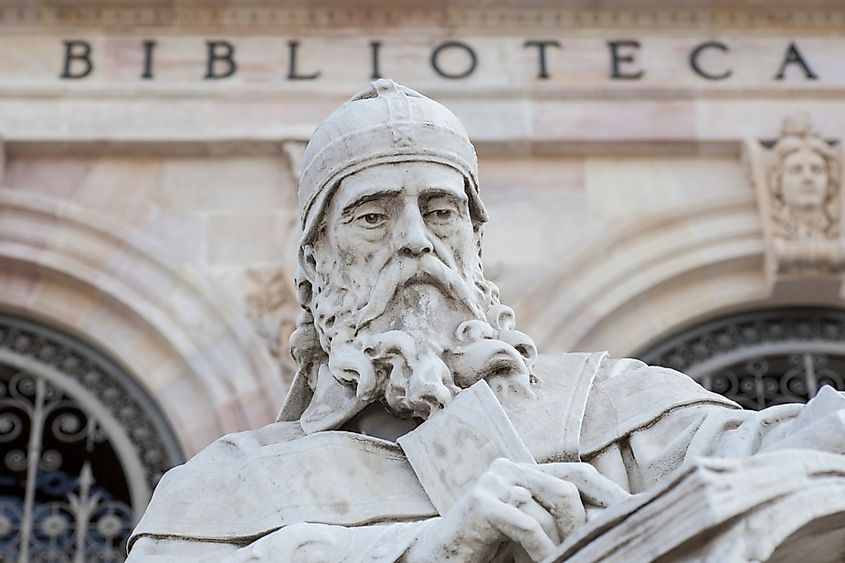 Isidore of Seville statue at National Library of Spain, Madrid. Medieval Spanish scholar
