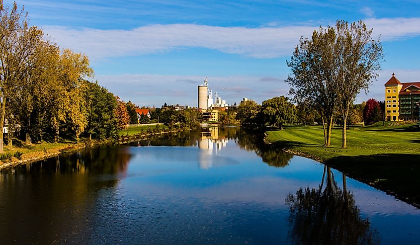 Looking down the river at Frankenmuth Michigan from the wooden bridge