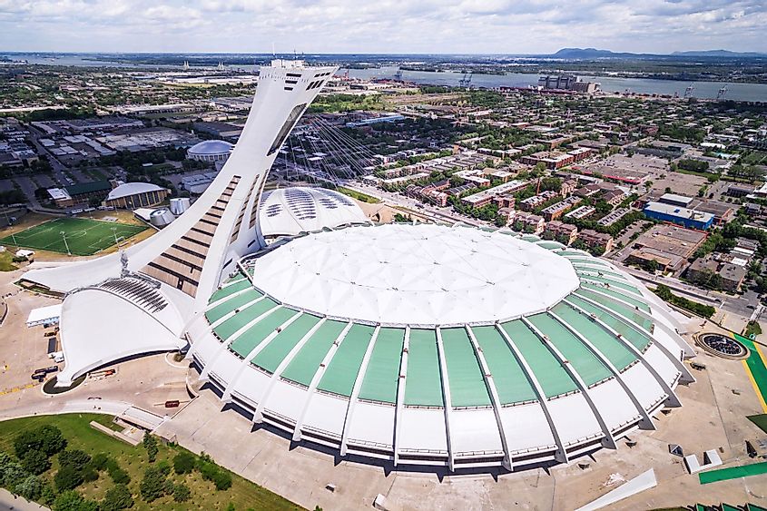 Aerial view of the Montreal Olympic Stadium and Inclined Tower in Montreal, Quebec, Canada