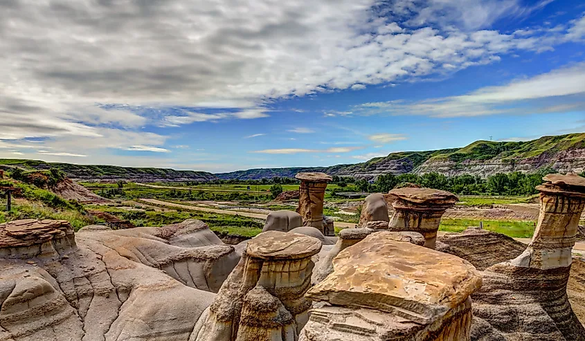 Hoodoo rock formations coming into Drumheller, Alberta. Image credit Todamo via Shutterstock