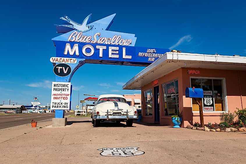 The historic Blue Swallow Motel, along the US Route 66, in the town of Tucumcari, New Mexico, via TLF Images / Shutterstock.com