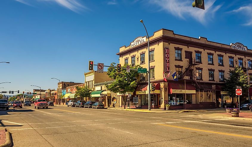 Scenic street view with shops and hotels in Kalispell. Kalispell is the gateway to Glacier National Park.