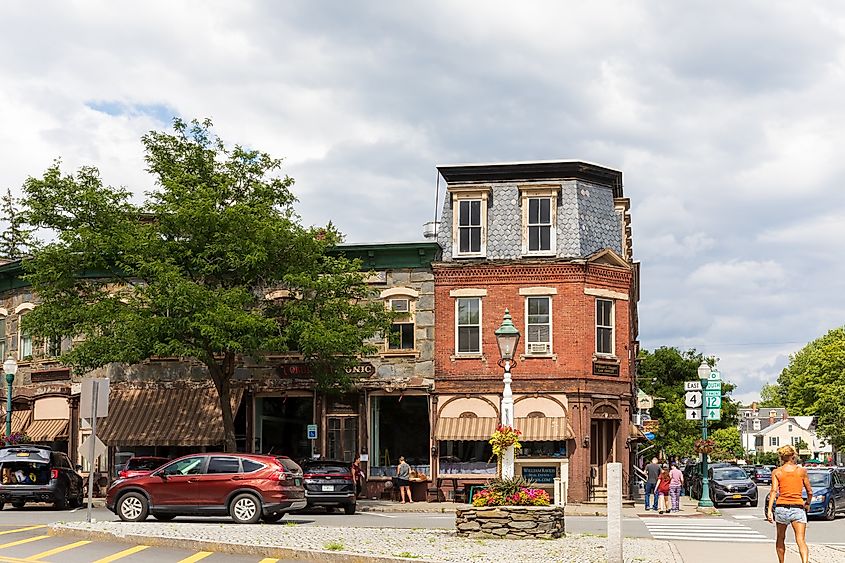 Downtown street in Woodstock, Vermont.