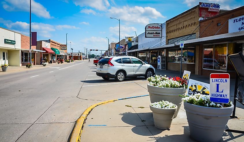 View of downtown businesses in Ogallala, Nebraska.