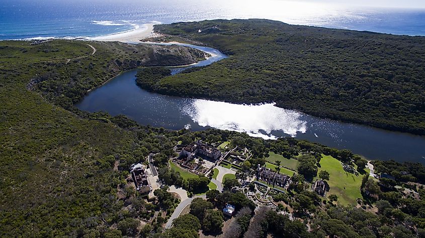 Aerial view of Margaret River Mouth with Wallcliffe House ruins in the foreground.