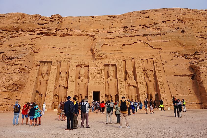 Facade of Nefertari temple in the Abu Simbel complex on lake Nasser, Nubia, Egypt