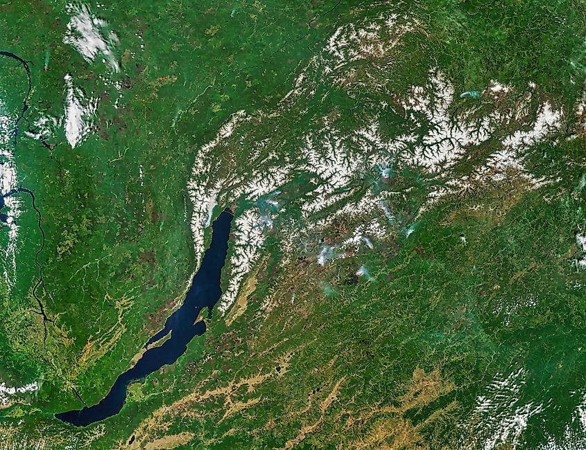 Fires and snow near Lake Baikal, Russia.