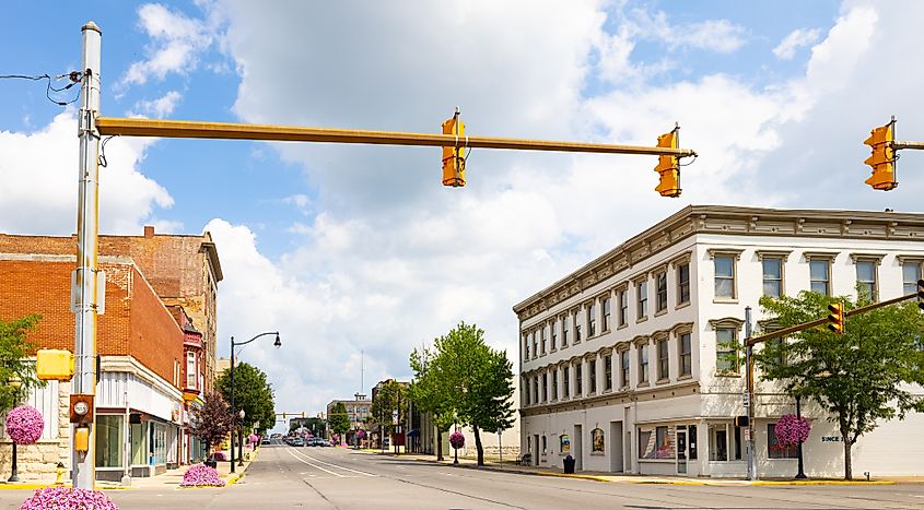 The business district on Broadway Street in Logansport, Indiana, USA.