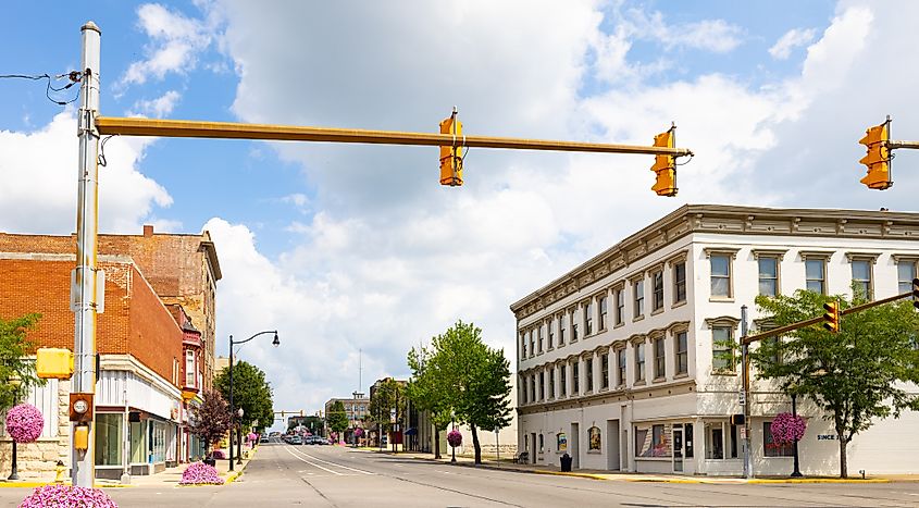 The business district on Broadway Street in Logansport, Indiana.