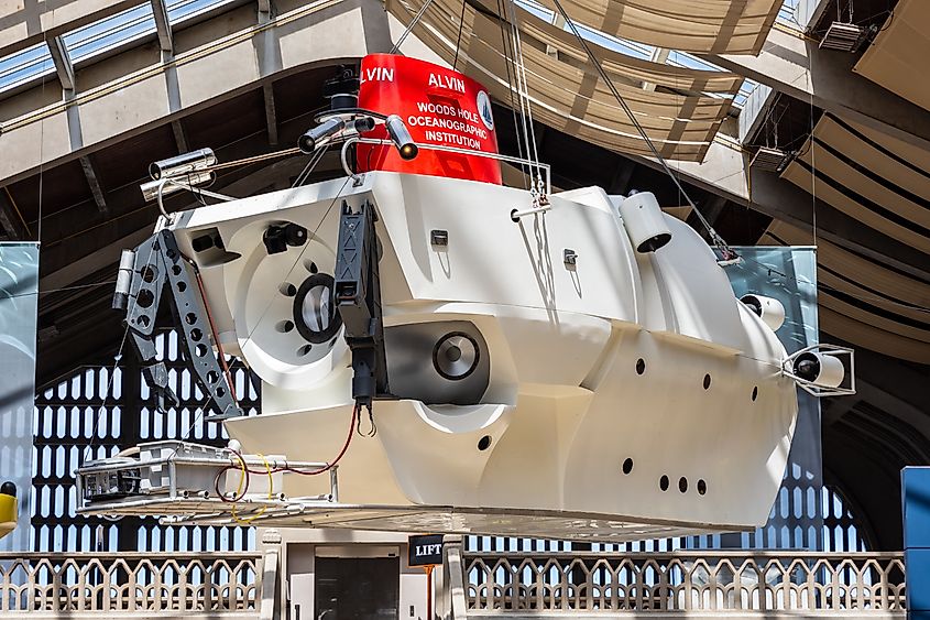 Replica of the Alvin, a 1964 U.S. Navy deep-ocean research submersible built by General Mills, shown in the Cite de la Mer museum's Great Gallery of Men and Machines. Via Shutterstock / olrat