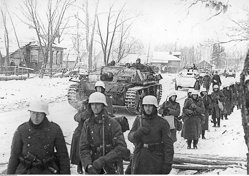 German mechanized forces move through a hamlet towards Moscow, December 1941.