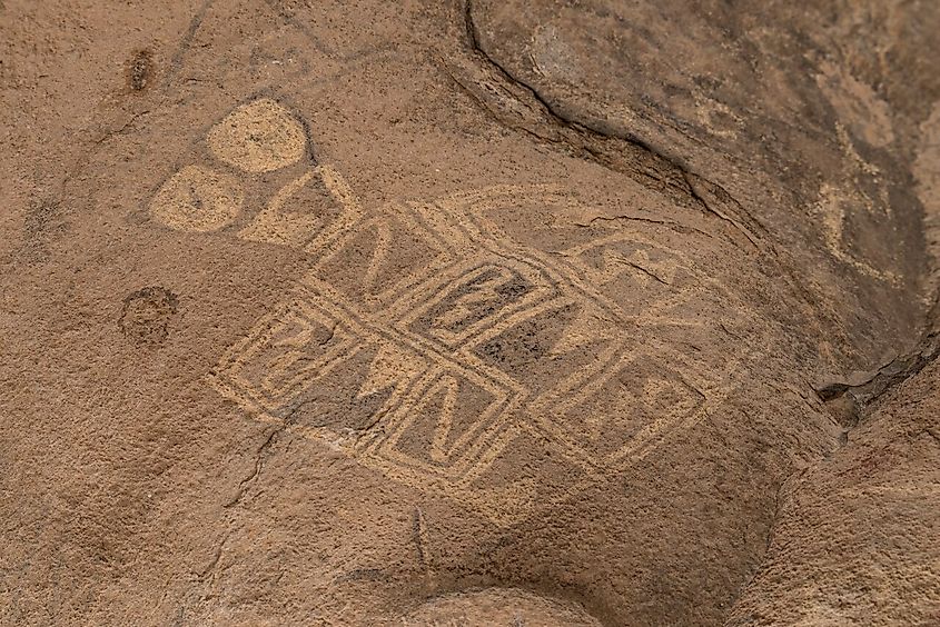 Pictographs, in a restricted area of Hueco Tanks State Historic Site near El Paso in El Paso County, Texas