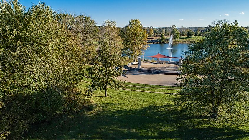 The amphitheatre and Phlips Pond at Coffee Creek Watershed Preserve in Chesterton, Indiana